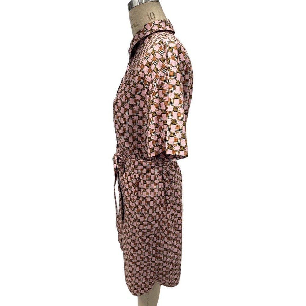 Burberry Shirt Dress Womens 14 Pink Short Sleeve Belted Tiled Archive Print - Picture 10 of 14